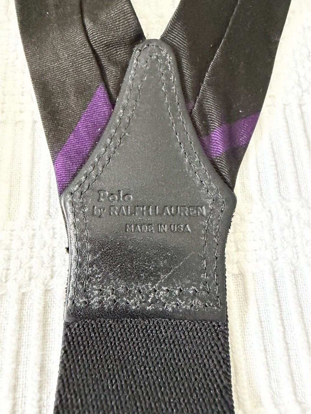 Polo Ralph Lauren Silk Suspenders Braces USA Black Purple Stripe Cord Runner End - Picture 5 of 7